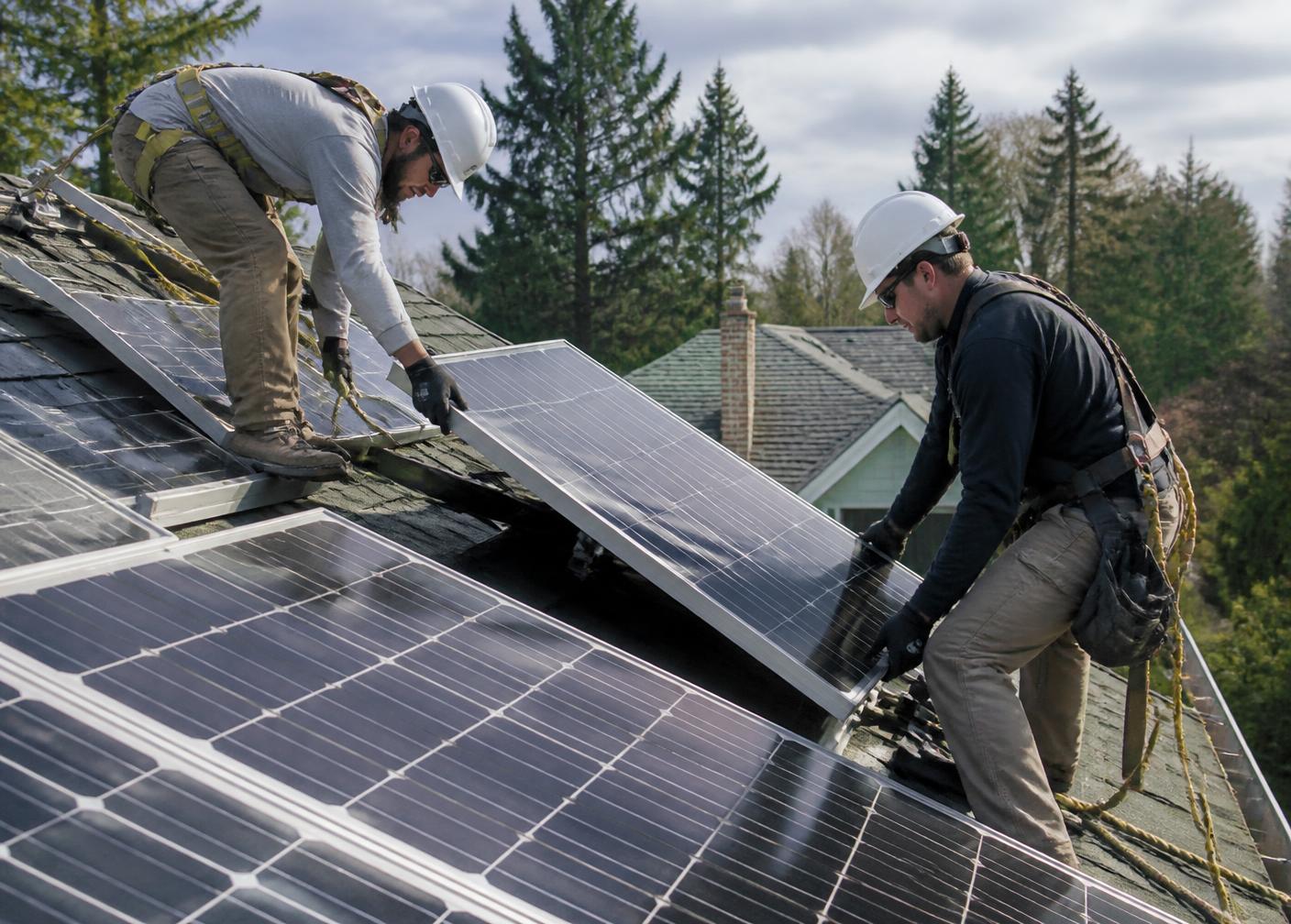 Técnicos instalando painéis solares no telhado de uma residência