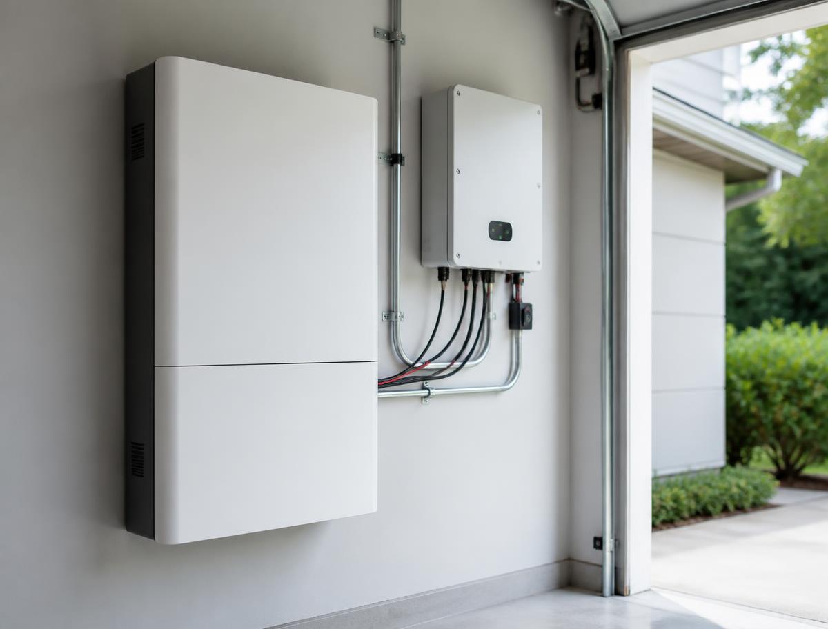 Bateria residencial de íon-lítio instalada na parede ao lado do inversor