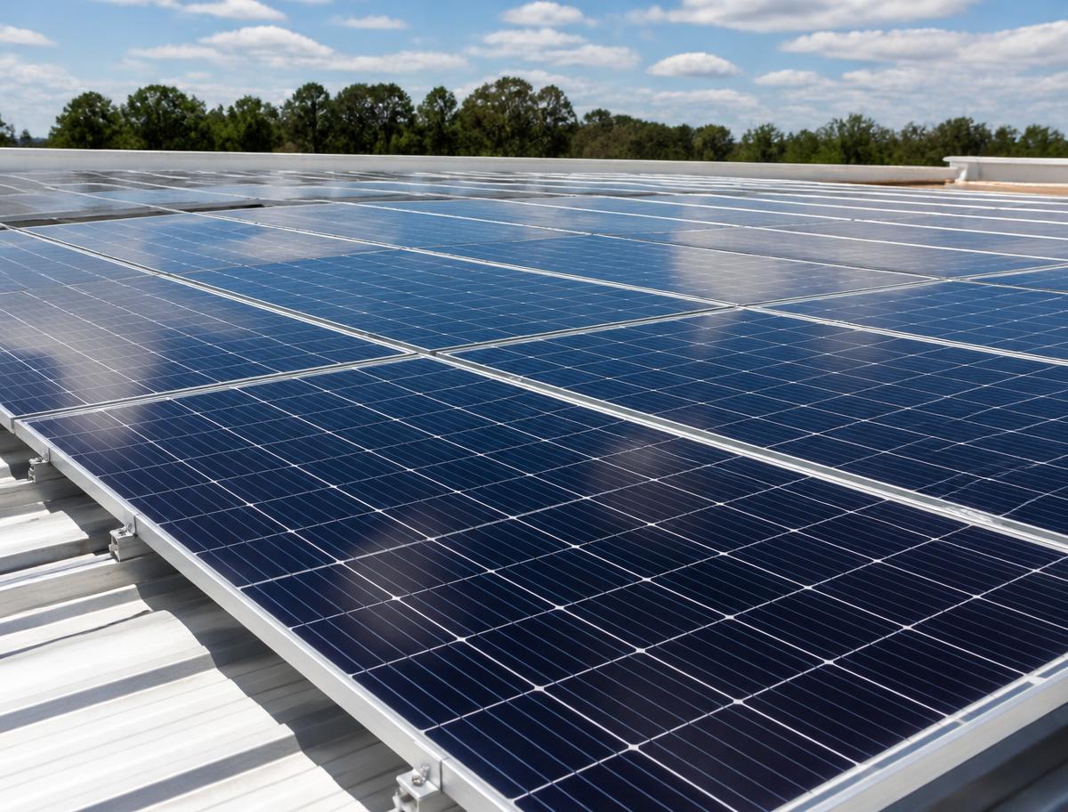 Fileiras de painéis solares instaladas em telhado comercial